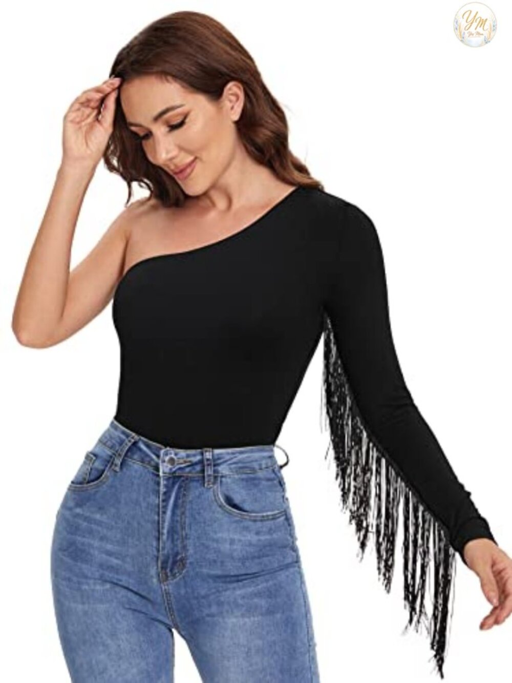 Fringe Trim One Shoulder Long Sleeve Fitted Top